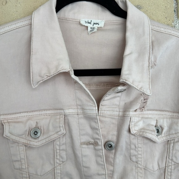 Tribal Women's Pink Distressed Denim Jacket - Picture 2 of 5